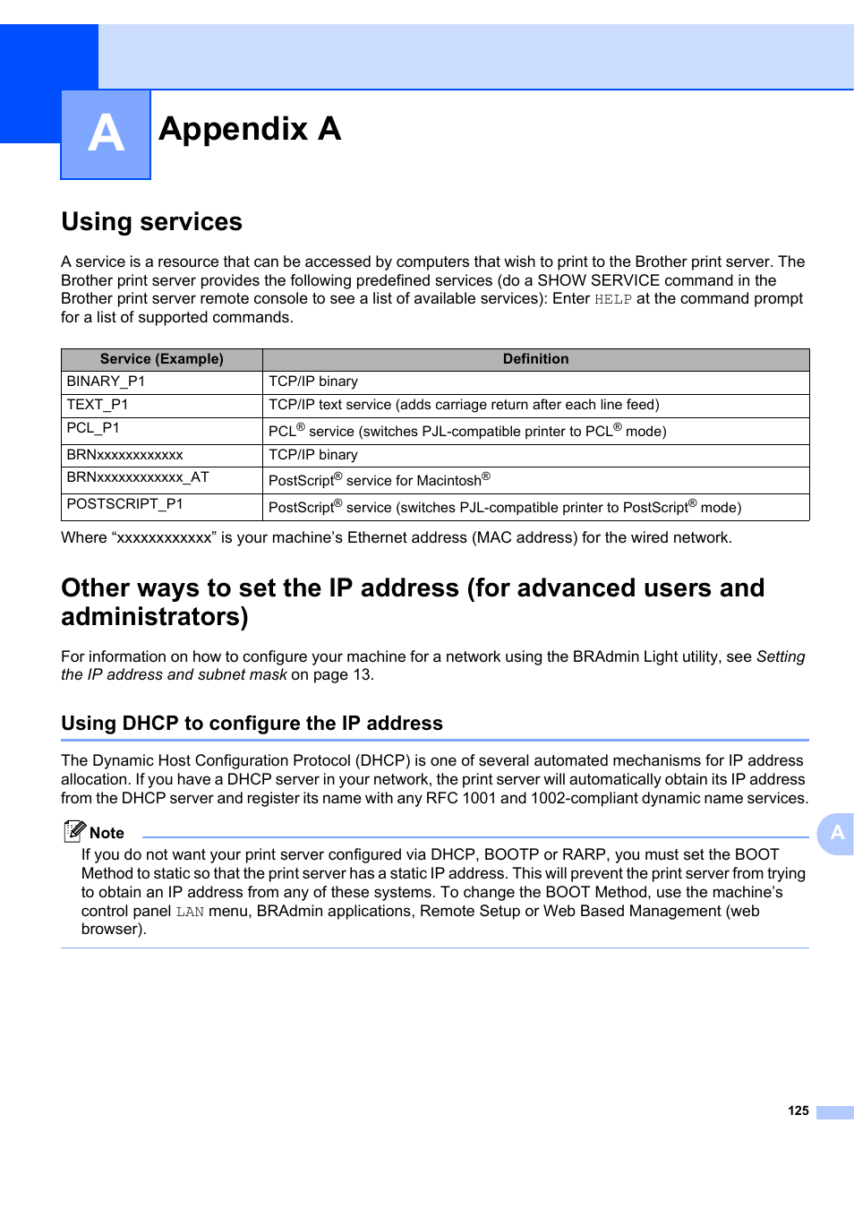 Appendix a, Using services, Using dhcp to configure the ip address | Brother MFC 7840W User Manual | Page 134 / 151