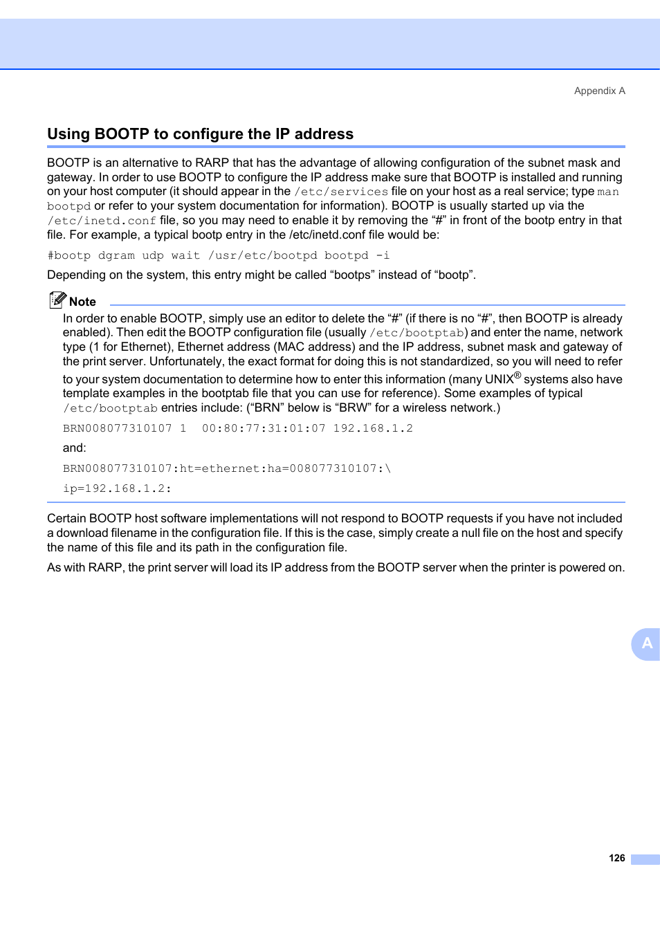 Using bootp to configure the ip address, Ausing bootp to configure the ip address | Brother MFC 7840W User Manual | Page 135 / 151