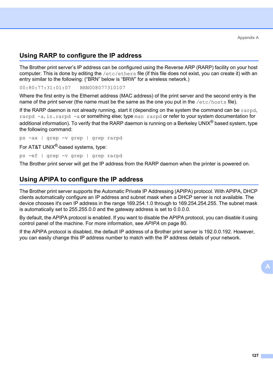 Using rarp to configure the ip address, Using apipa to configure the ip address, Ausing rarp to configure the ip address | Brother MFC 7840W User Manual | Page 136 / 151