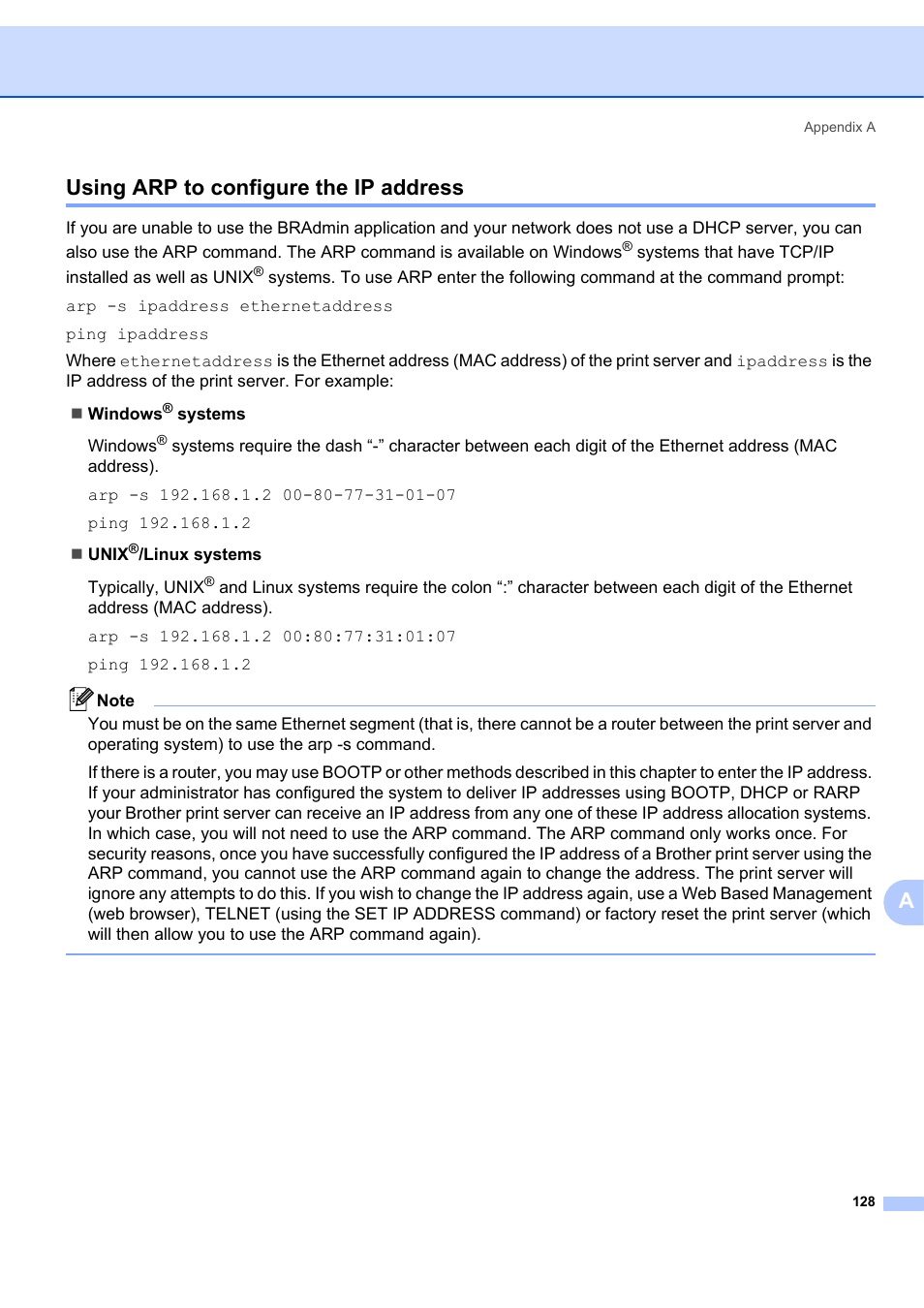 Using arp to configure the ip address, Ausing arp to configure the ip address | Brother MFC 7840W User Manual | Page 137 / 151