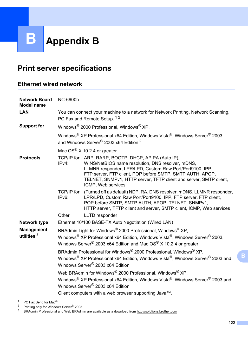 Appendix b, Print server specifications, Ethernet wired network | Brother MFC 7840W User Manual | Page 142 / 151