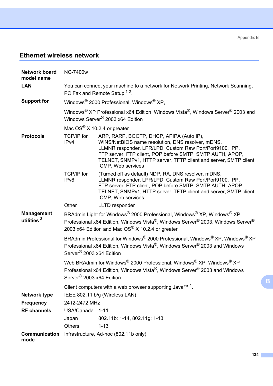 Ethernet wireless network, Bethernet wireless network | Brother MFC 7840W User Manual | Page 143 / 151