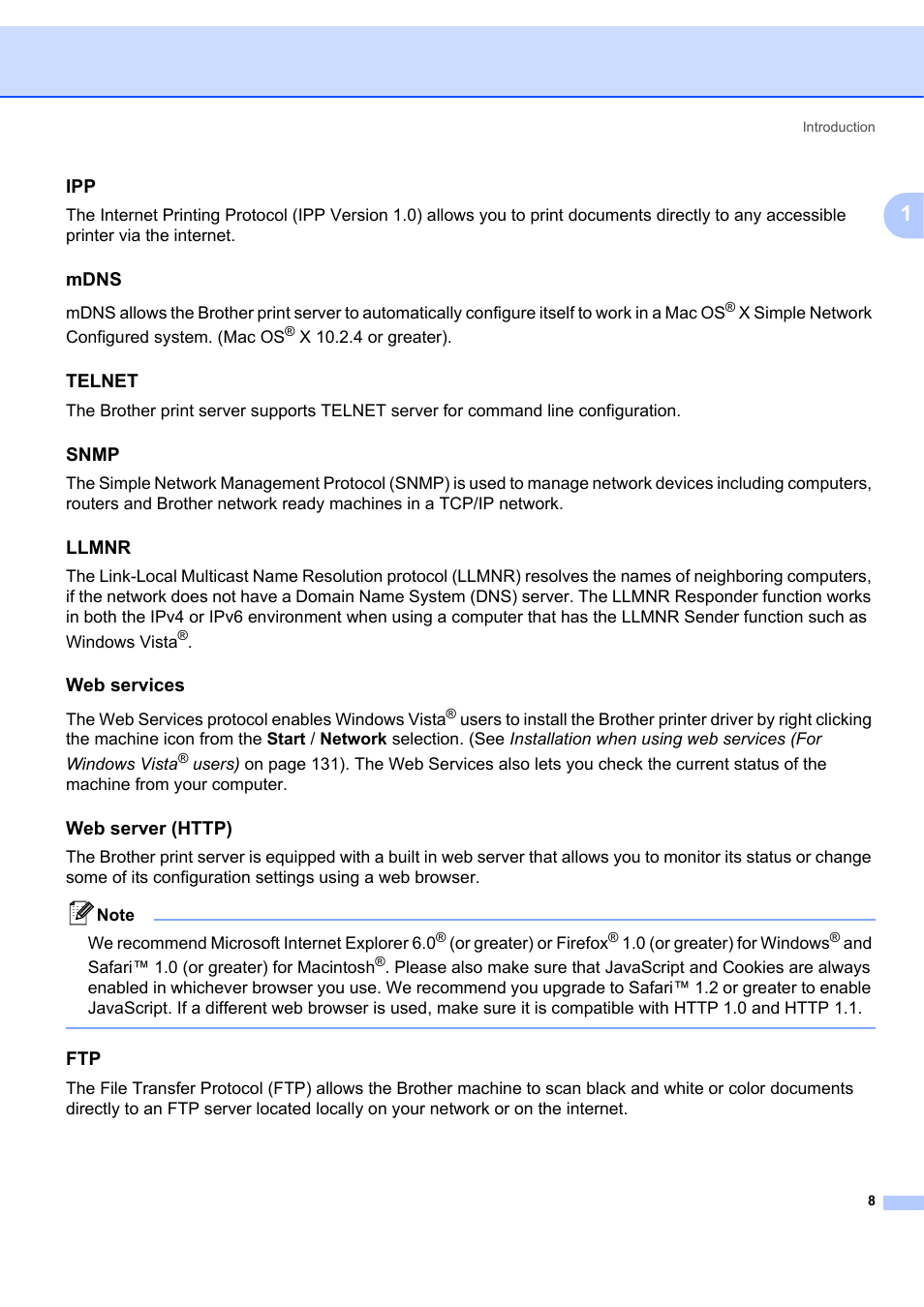 Mdns, Telnet, Snmp | Llmnr, Web services, Web server (http) | Brother MFC 7840W User Manual | Page 17 / 151