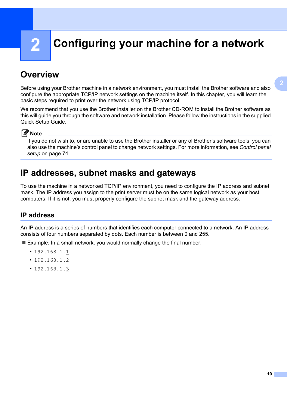 2 configuring your machine for a network, Overview, Ip addresses, subnet masks and gateways | Ip address, Configuring your machine for a network, Overview ip addresses, subnet masks and gateways | Brother MFC 7840W User Manual | Page 19 / 151