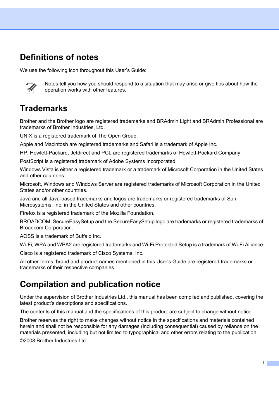 Trademarks, Compilation and publication notice | Brother MFC 7840W User Manual | Page 2 / 151