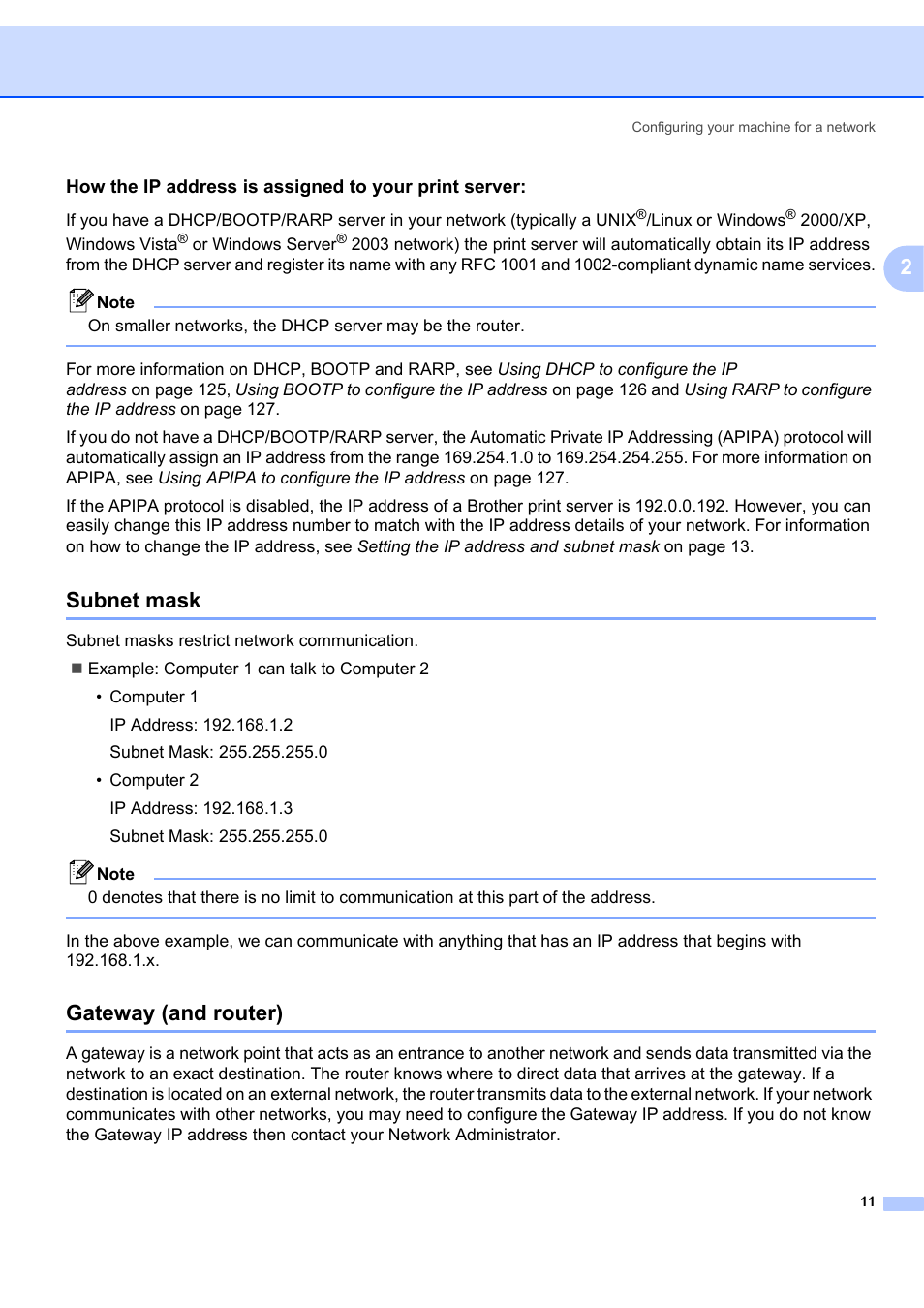 Subnet mask, Gateway (and router), Subnet mask gateway (and router) | Brother MFC 7840W User Manual | Page 20 / 151