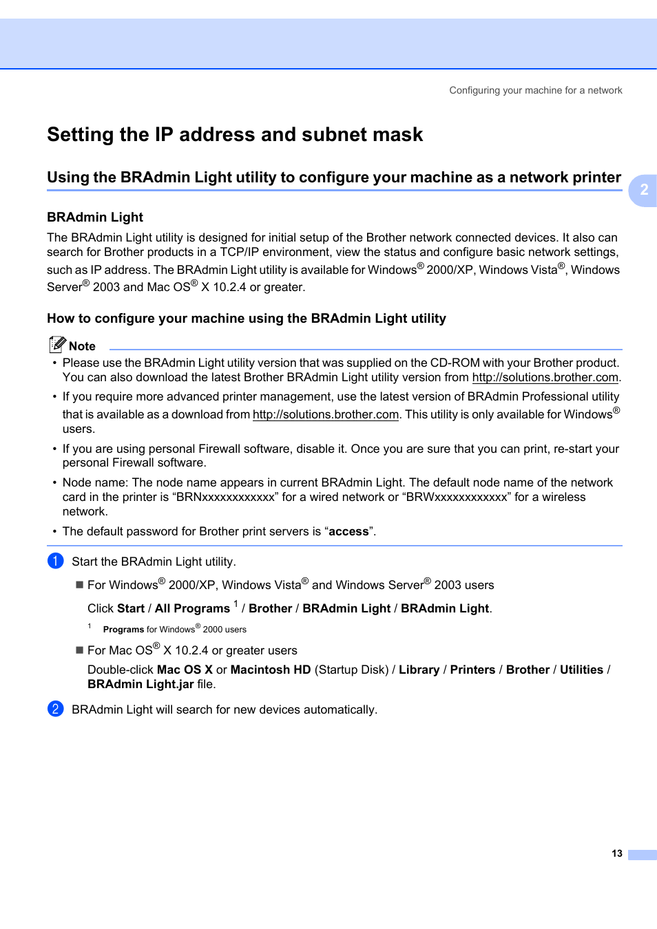 Setting the ip address and subnet mask, Bradmin light | Brother MFC 7840W User Manual | Page 22 / 151