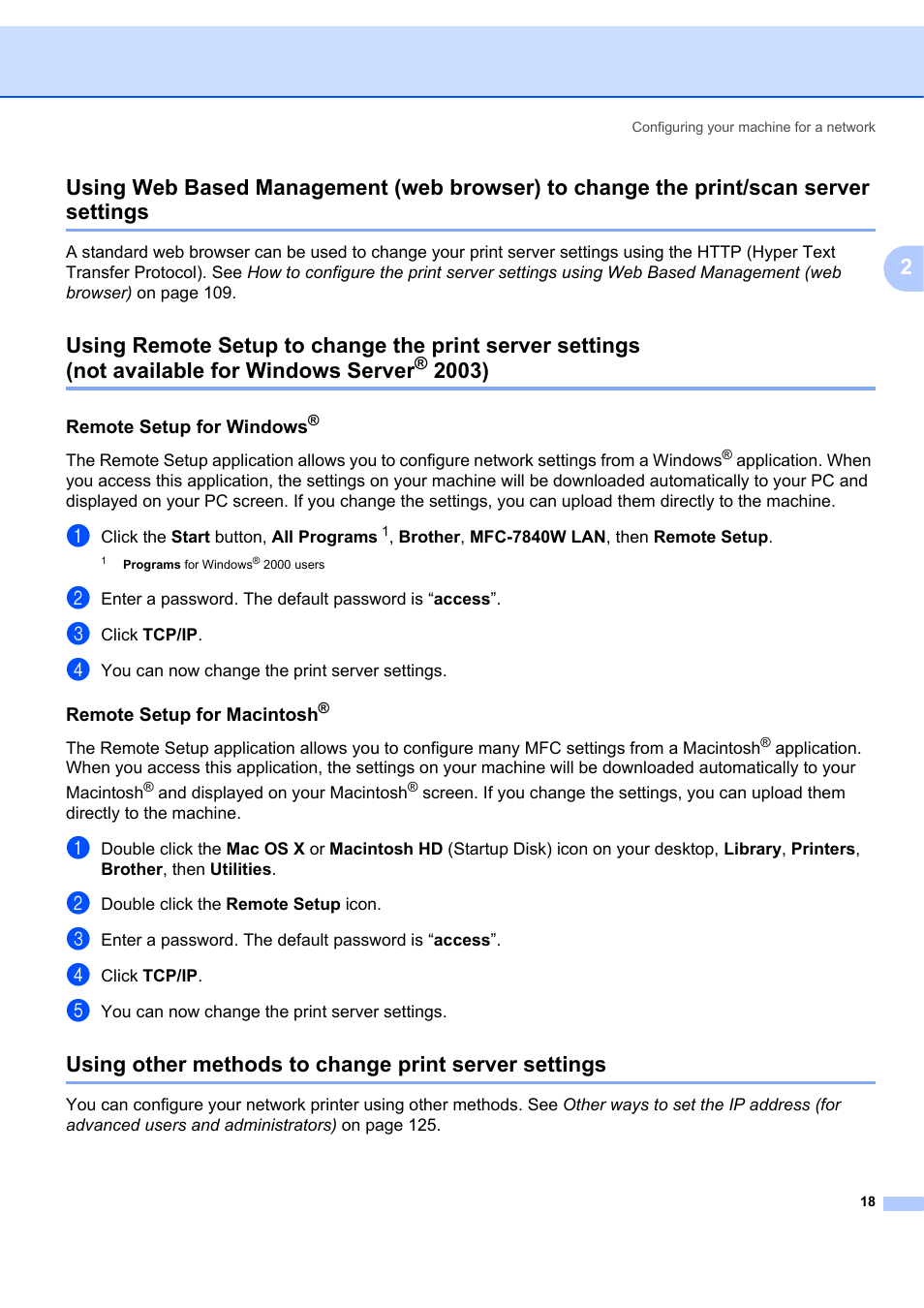 Remote setup for windows, Remote setup for macintosh, Not available for windows server | Brother MFC 7840W User Manual | Page 27 / 151