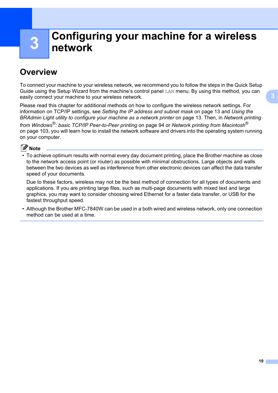 3 configuring your machine for a wireless network, Overview, Configuring your machine for a wireless network | Brother MFC 7840W User Manual | Page 28 / 151