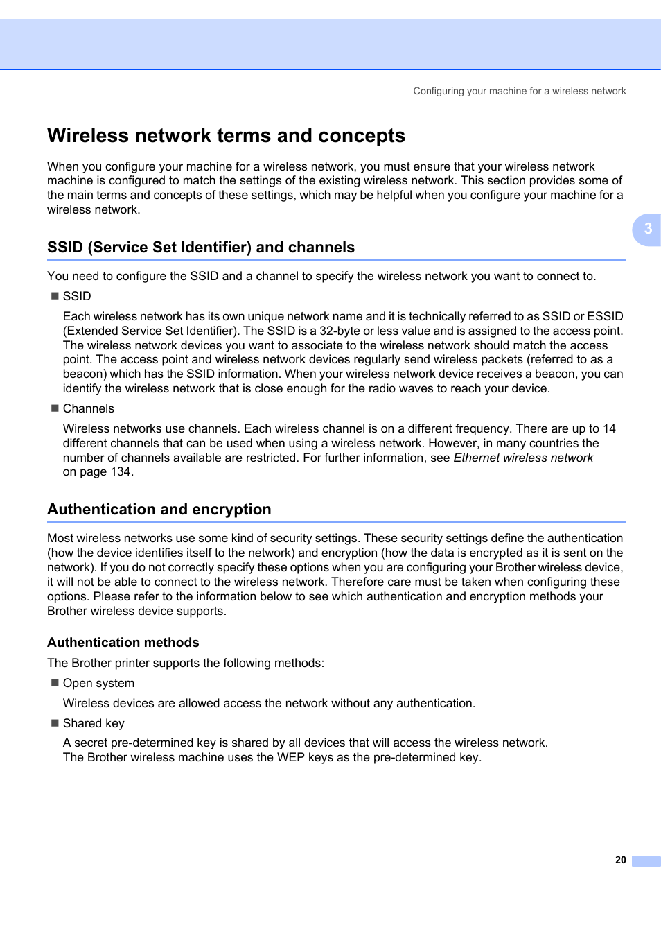 Wireless network terms and concepts, Ssid (service set identifier) and channels, Authentication and encryption | Authentication methods | Brother MFC 7840W User Manual | Page 29 / 151