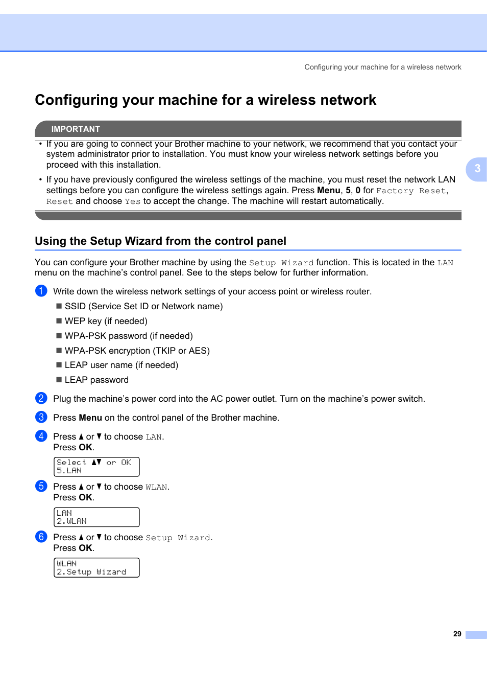 Configuring your machine for a wireless network, Using the setup wizard from the control panel | Brother MFC 7840W User Manual | Page 38 / 151