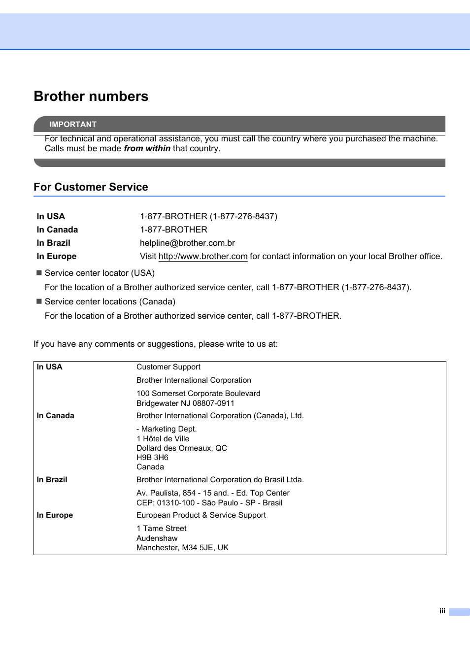 Brother numbers, For customer service | Brother MFC 7840W User Manual | Page 4 / 151