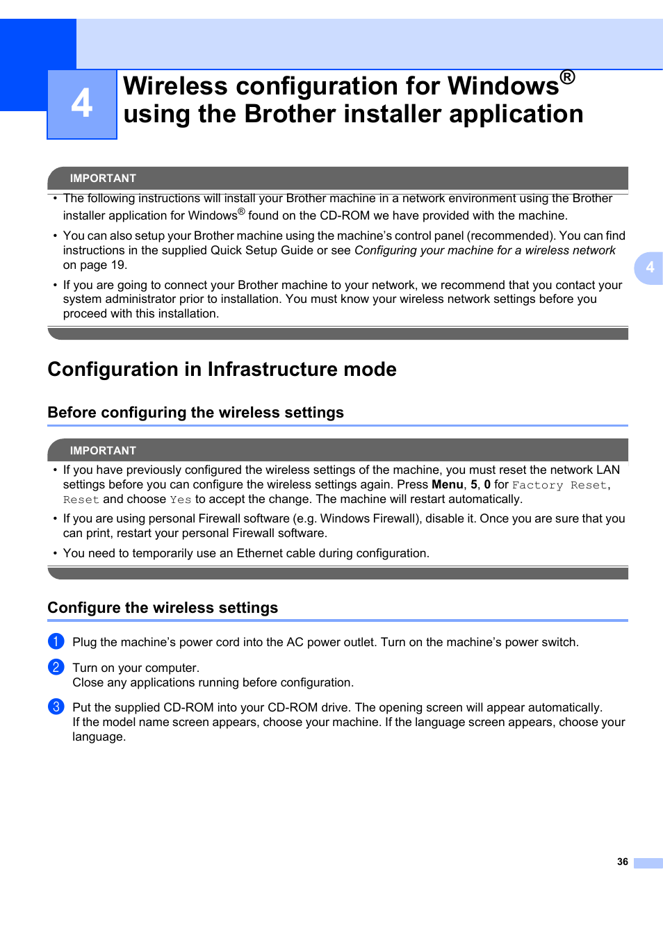 Configuration in infrastructure mode, Before configuring the wireless settings, Configure the wireless settings | Wireless configuration for windows, Using the brother installer application, See wireless configuration for windows | Brother MFC 7840W User Manual | Page 45 / 151