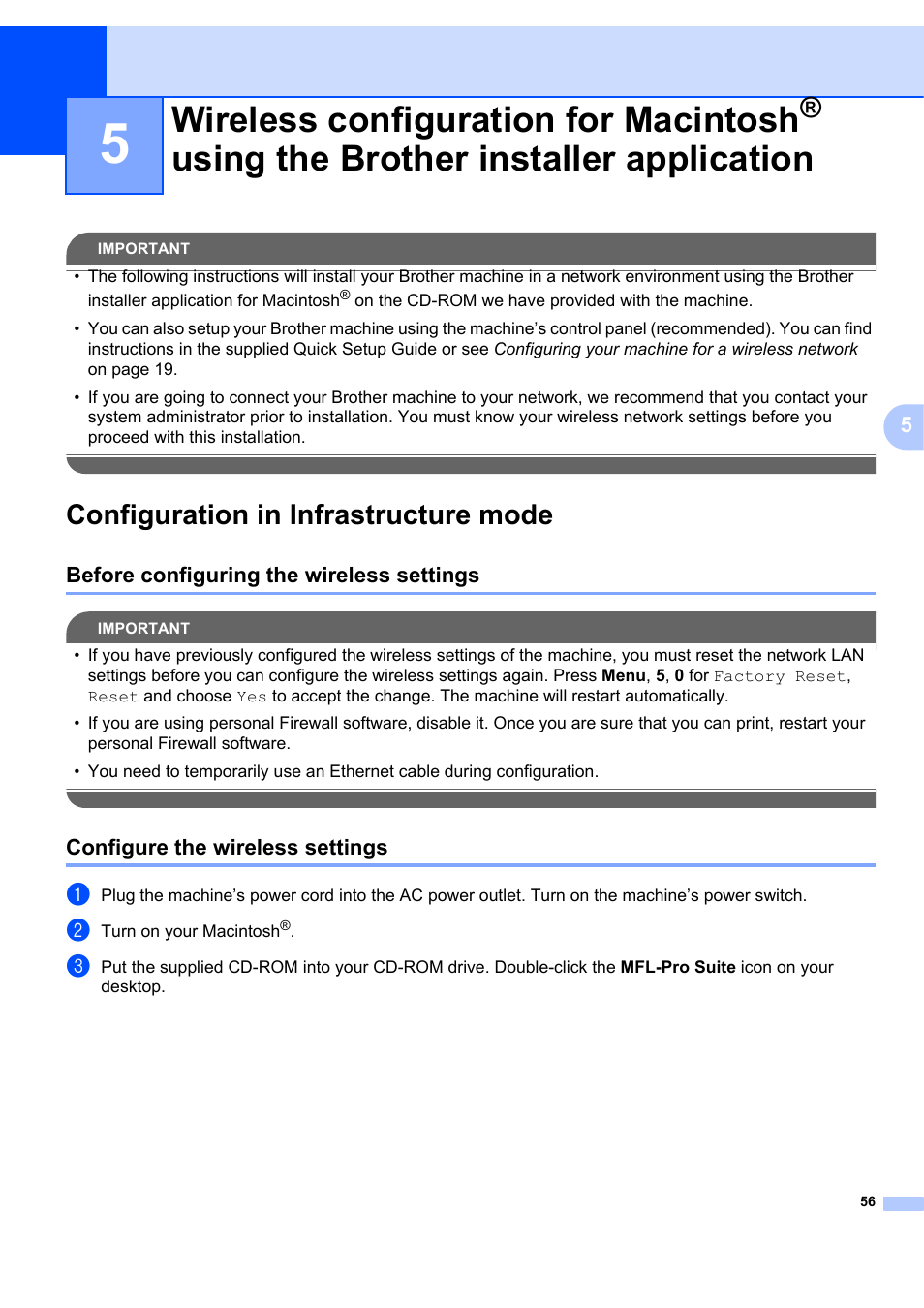 Configuration in infrastructure mode, Before configuring the wireless settings, Configure the wireless settings | Wireless configuration for macintosh, Using the brother installer application, And wireless configuration for macintosh | Brother MFC 7840W User Manual | Page 65 / 151