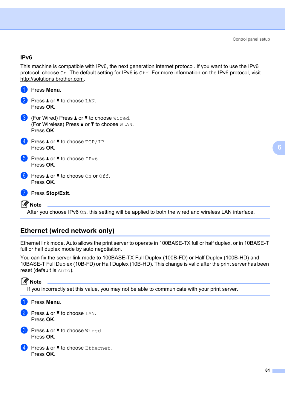 Ipv6, Ethernet (wired network only) | Brother MFC 7840W User Manual | Page 90 / 151