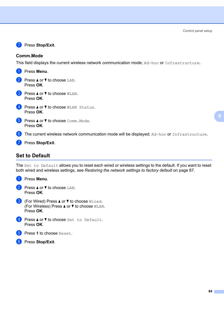 Comm.mode, Set to default | Brother MFC 7840W User Manual | Page 93 / 151