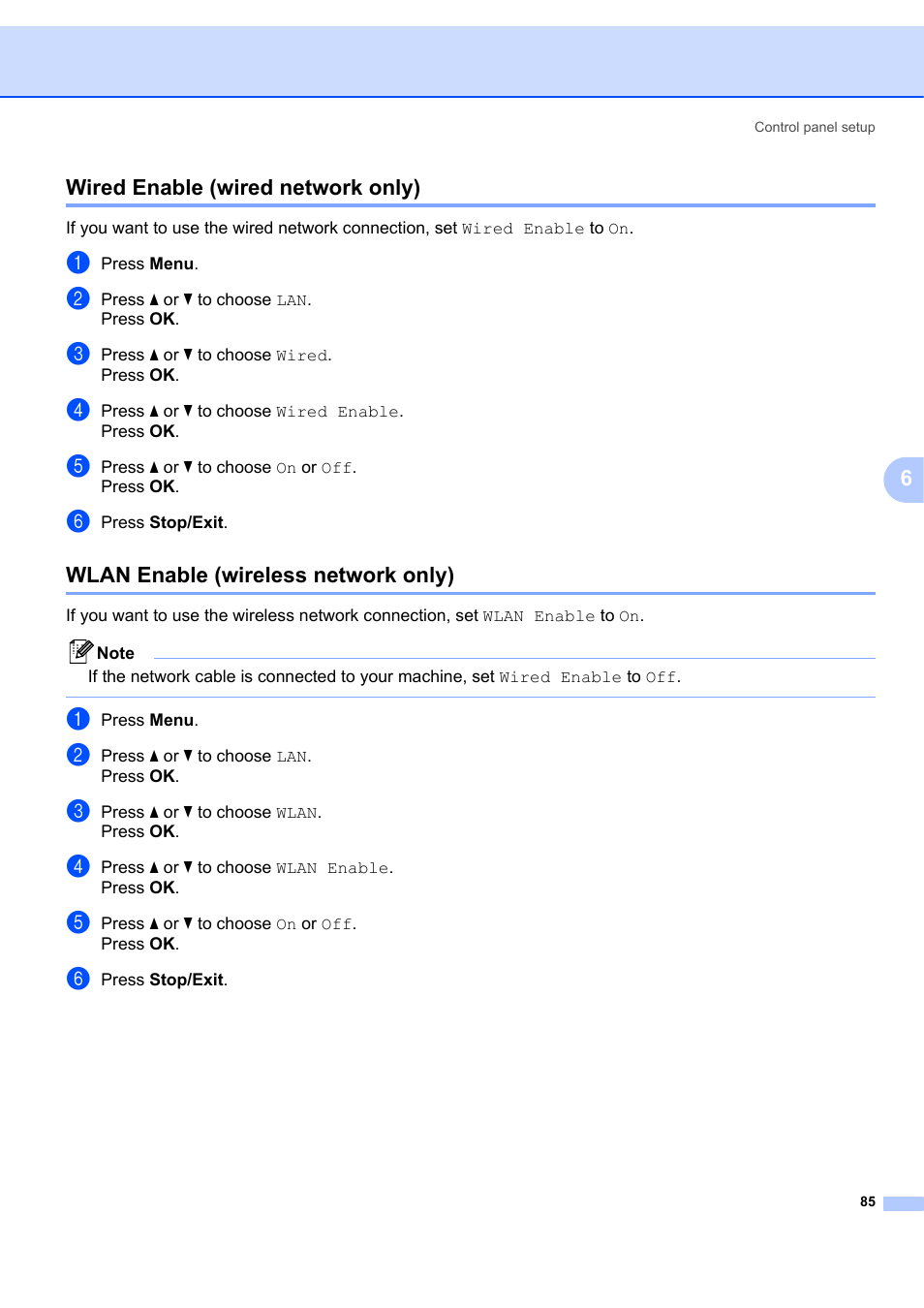 Wired enable (wired network only), Wlan enable (wireless network only), 6wired enable (wired network only) | Brother MFC 7840W User Manual | Page 94 / 151