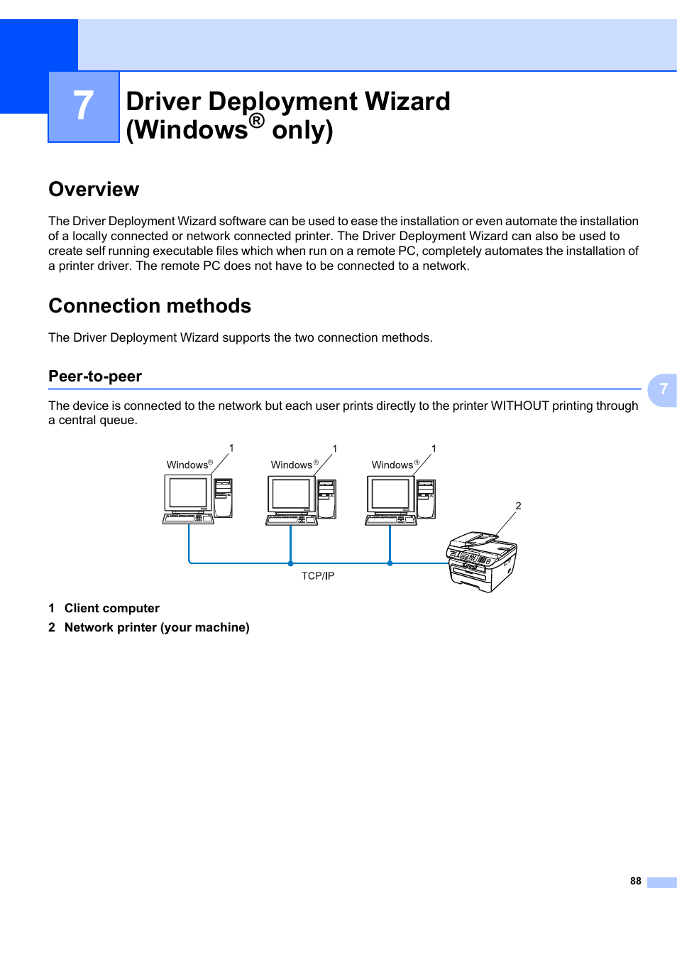 7 driver deployment wizard (windows® only), Overview, Connection methods | Peer-to-peer, Driver deployment wizard (windows, Only), Overview connection methods | Brother MFC 7840W User Manual | Page 97 / 151