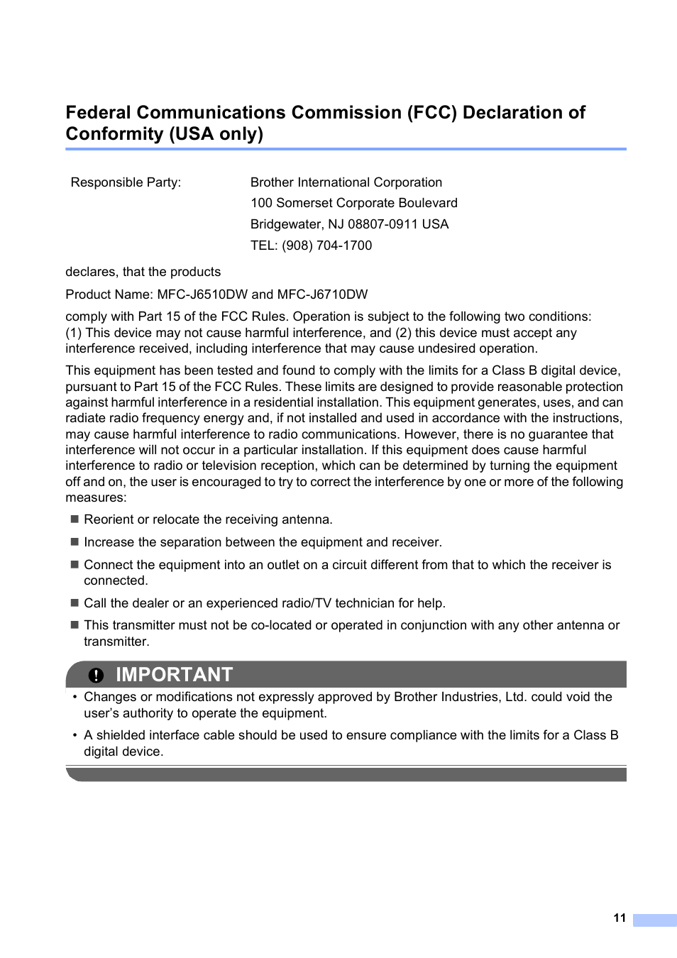 Important | Brother MFC J6710DW User Manual | Page 11 / 16