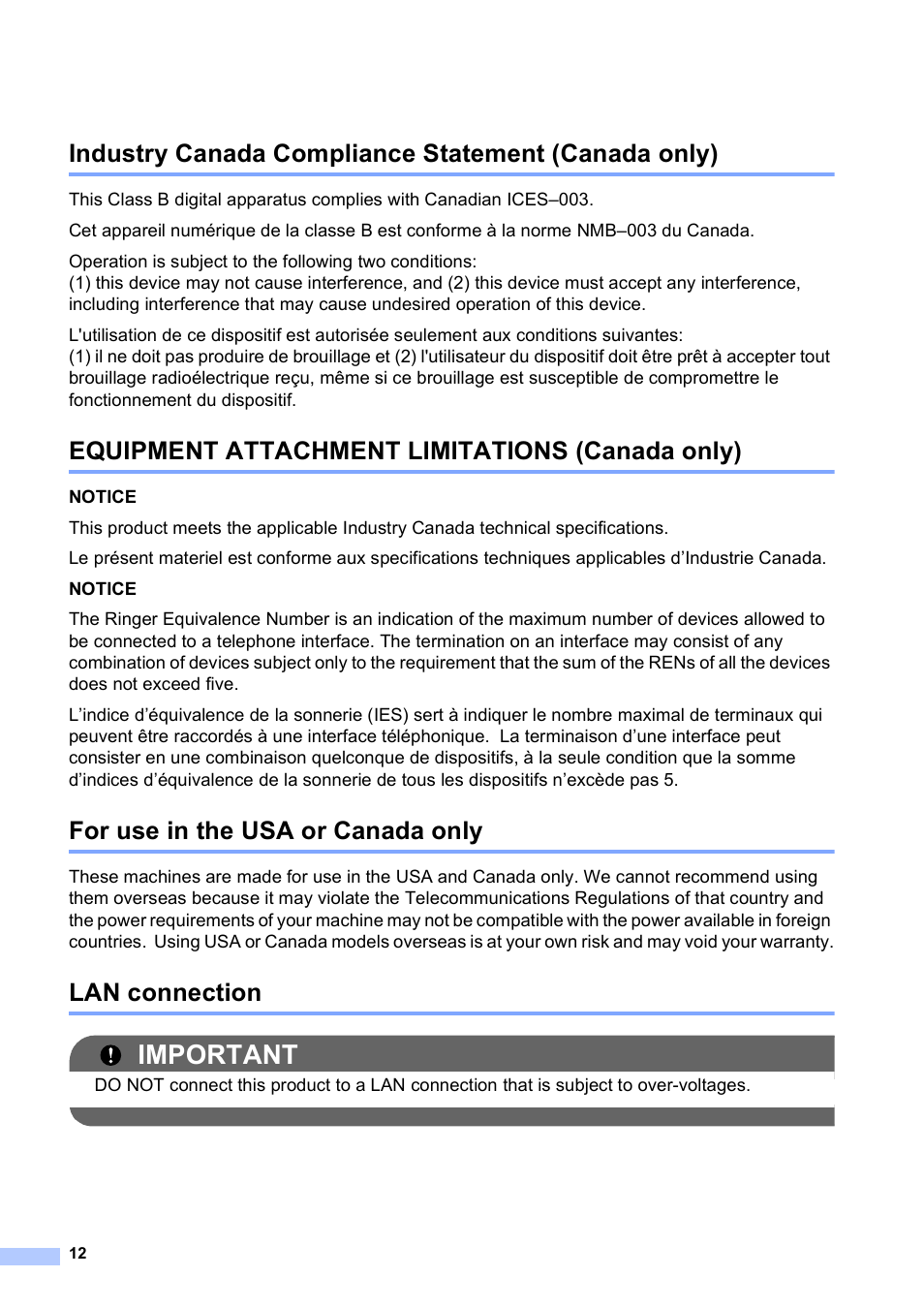 Industry canada compliance statement (canada only), Equipment attachment limitations (canada only), For use in the usa or canada only | Lan connection, Important | Brother MFC J6710DW User Manual | Page 12 / 16