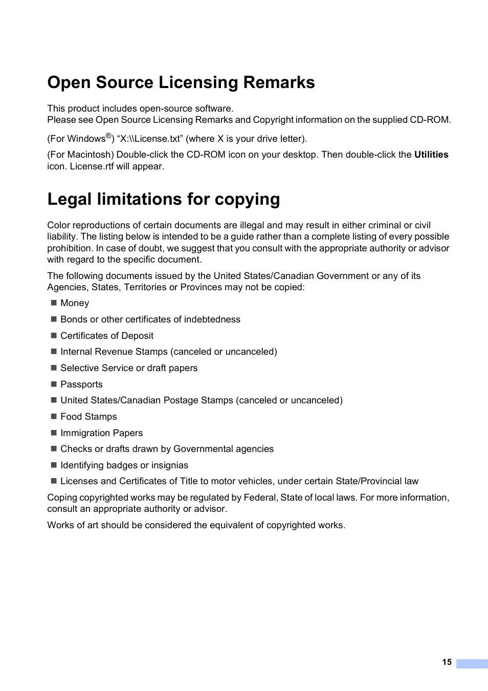 Open source licensing remarks, Legal limitations for copying | Brother MFC J6710DW User Manual | Page 15 / 16