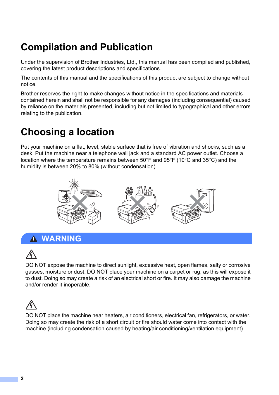 Compilation and publication, Choosing a location, Warning | Brother MFC J6710DW User Manual | Page 2 / 16