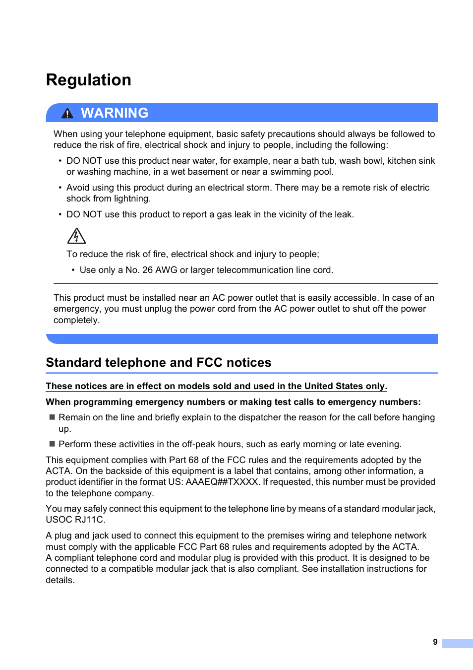 Regulation, Standard telephone and fcc notices, Warning | Brother MFC J6710DW User Manual | Page 9 / 16
