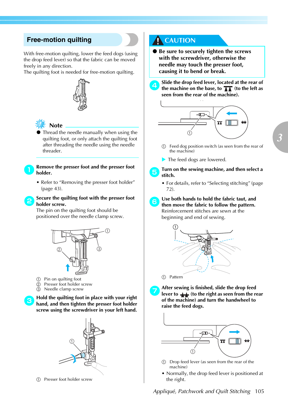 Free-motion quilting, Caution | Brother PC660LA User Manual | Page 107 / 176