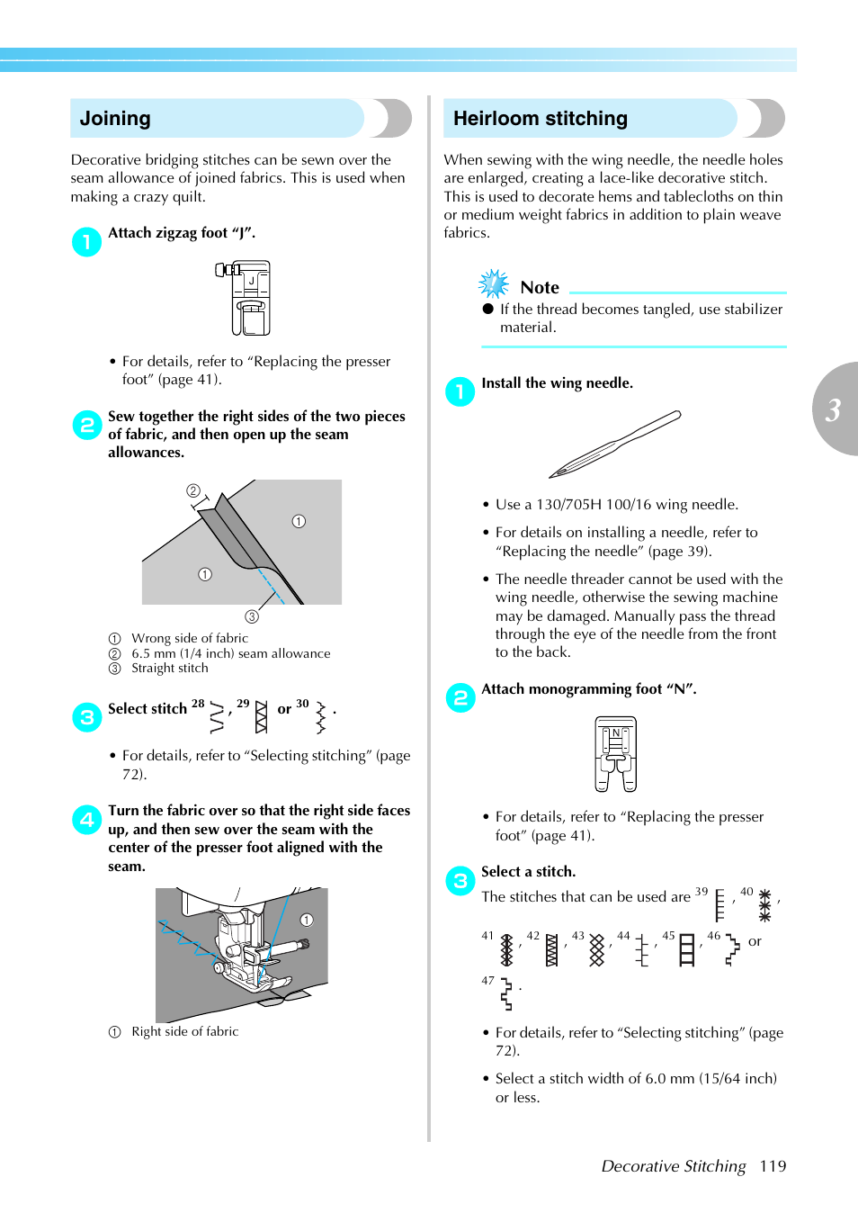 Joining, Heirloom stitching | Brother PC660LA User Manual | Page 121 / 176