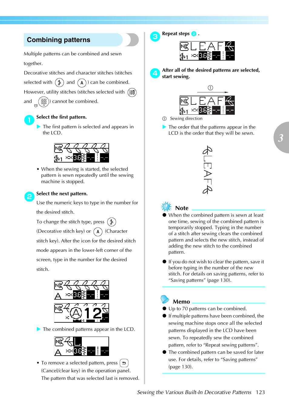 Combining patterns | Brother PC660LA User Manual | Page 125 / 176