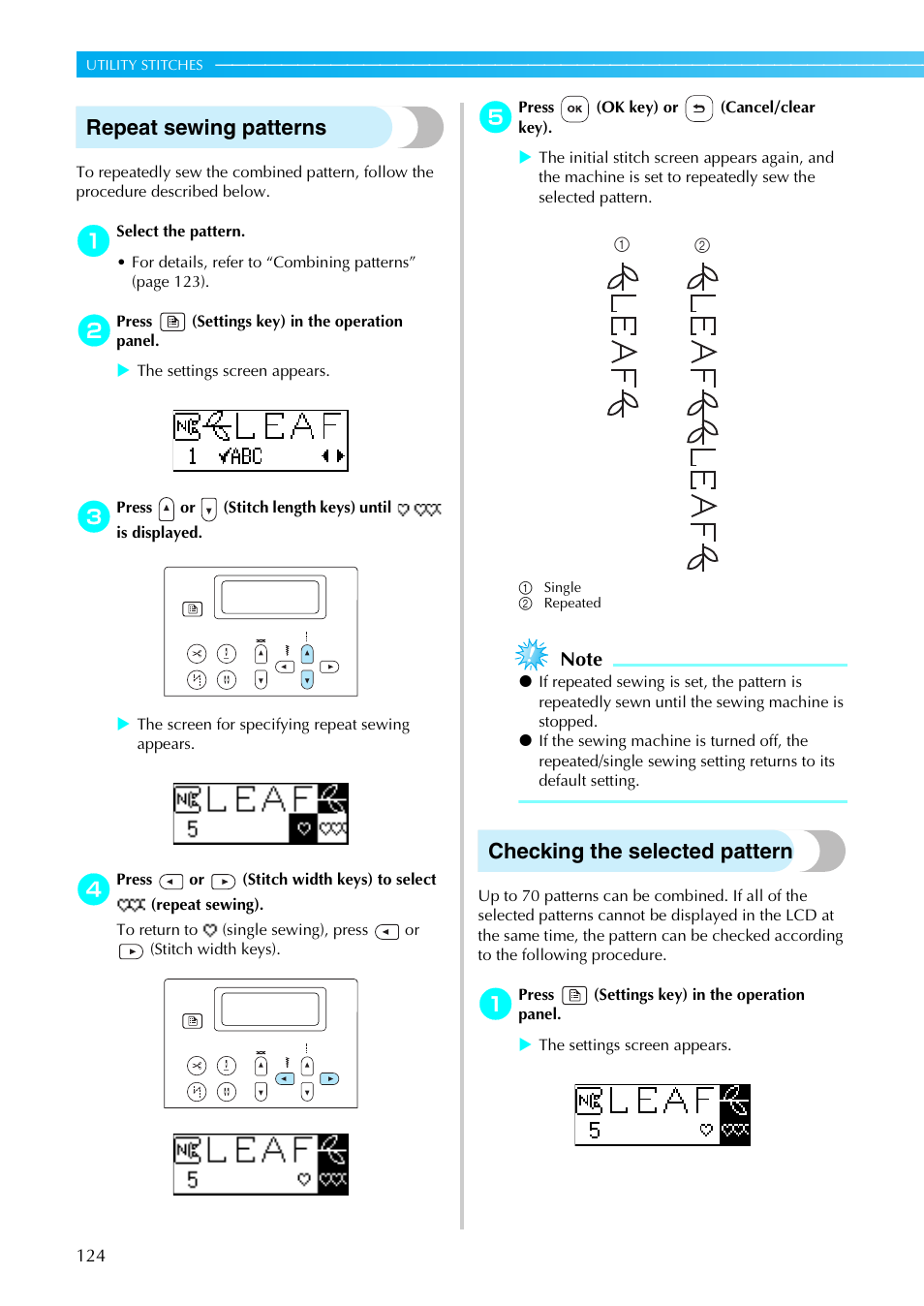 Repeat sewing patterns, Checking the selected pattern | Brother PC660LA User Manual | Page 126 / 176