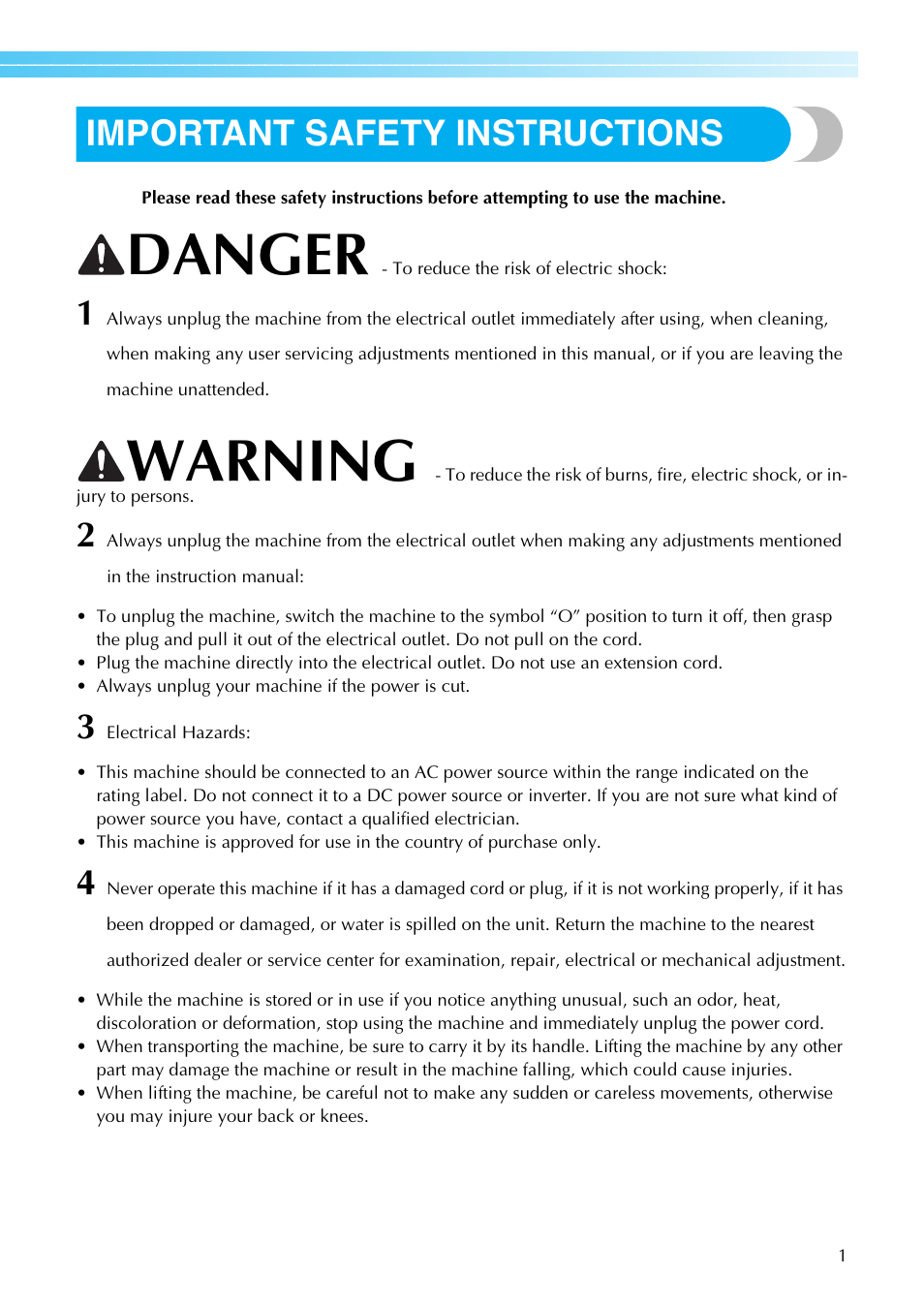 Danger, Warning, Important safety instructions | Brother PC660LA User Manual | Page 3 / 176