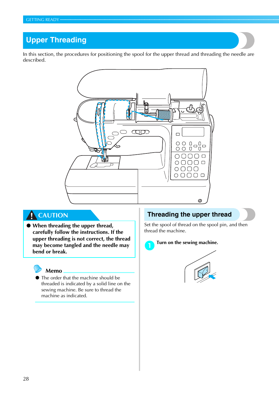 Upper threading, Caution, Threading the upper thread | Brother PC660LA User Manual | Page 30 / 176