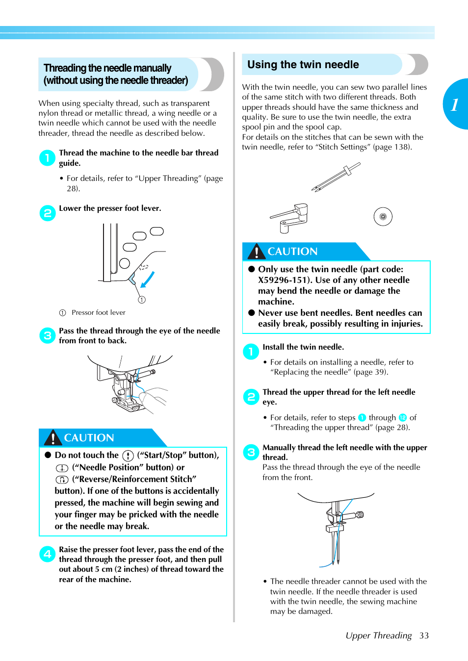 Caution, Using the twin needle | Brother PC660LA User Manual | Page 35 / 176