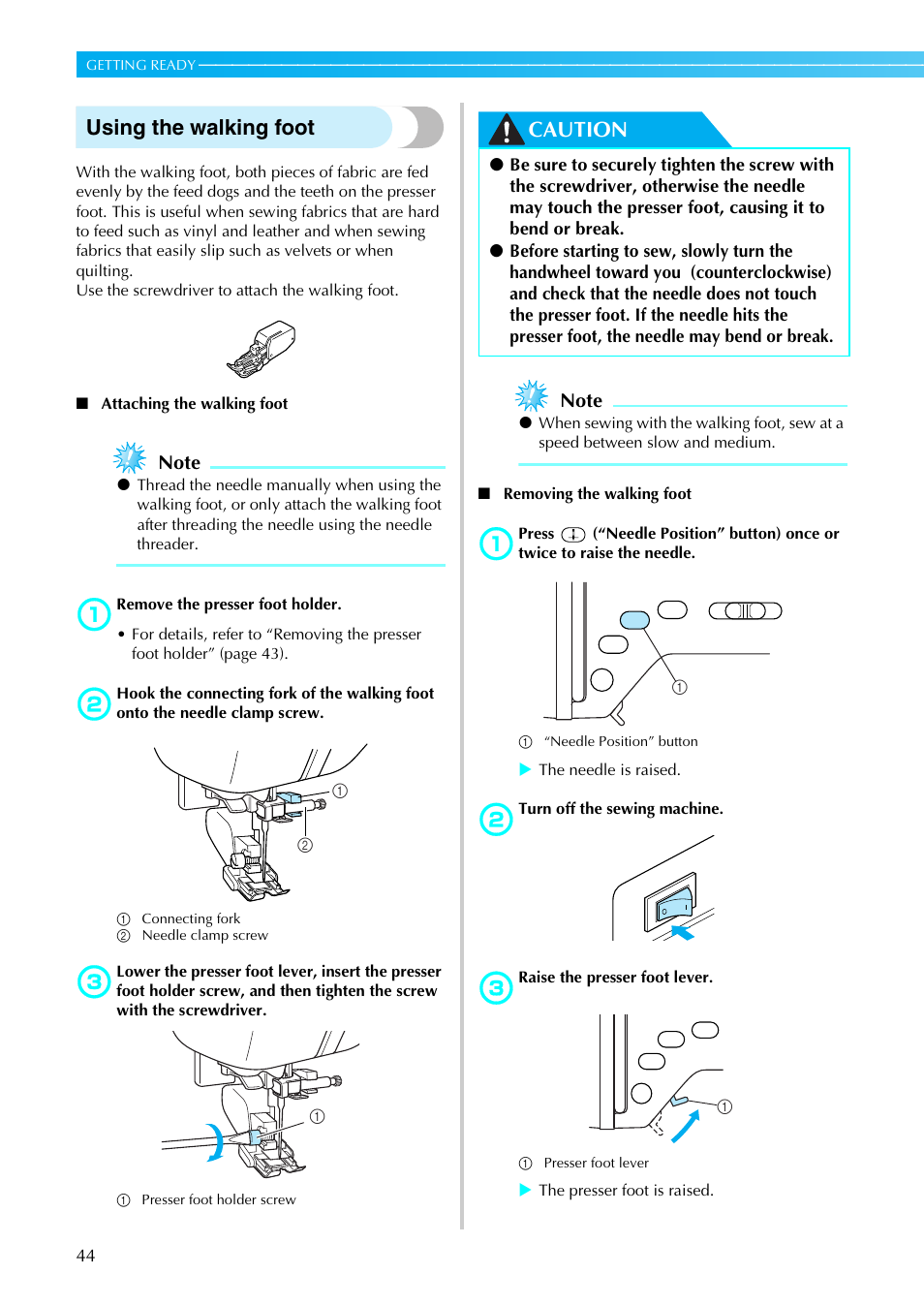 Using the walking foot, Caution | Brother PC660LA User Manual | Page 46 / 176