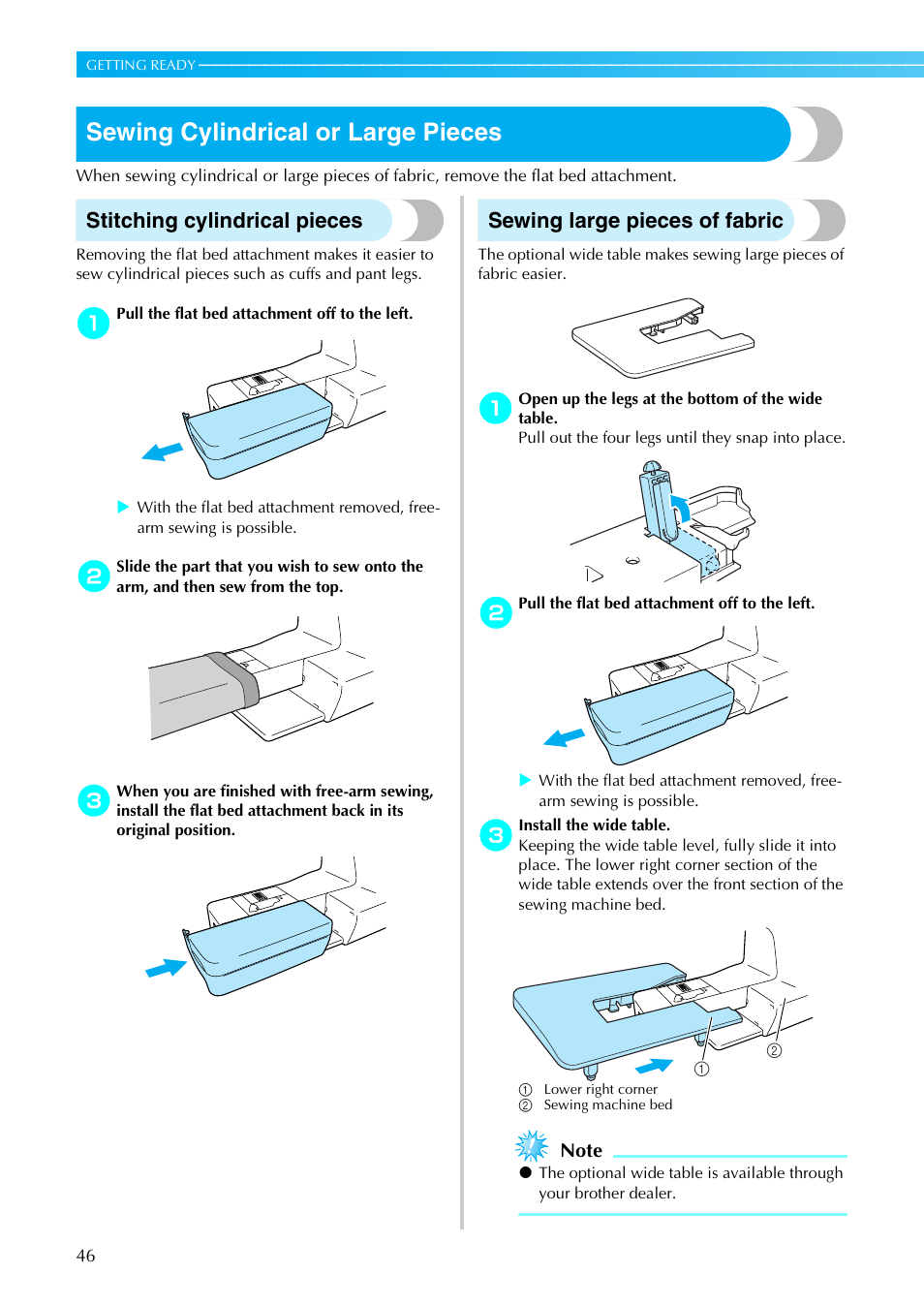 Sewing cylindrical or large pieces, Stitching cylindrical pieces, Sewing large pieces of fabric | Brother PC660LA User Manual | Page 48 / 176