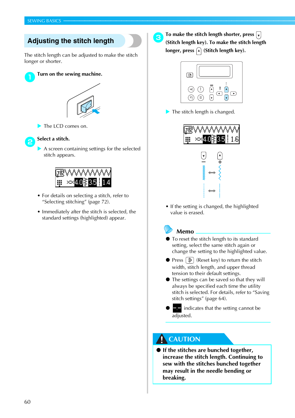 Adjusting the stitch length, Caution | Brother PC660LA User Manual | Page 62 / 176