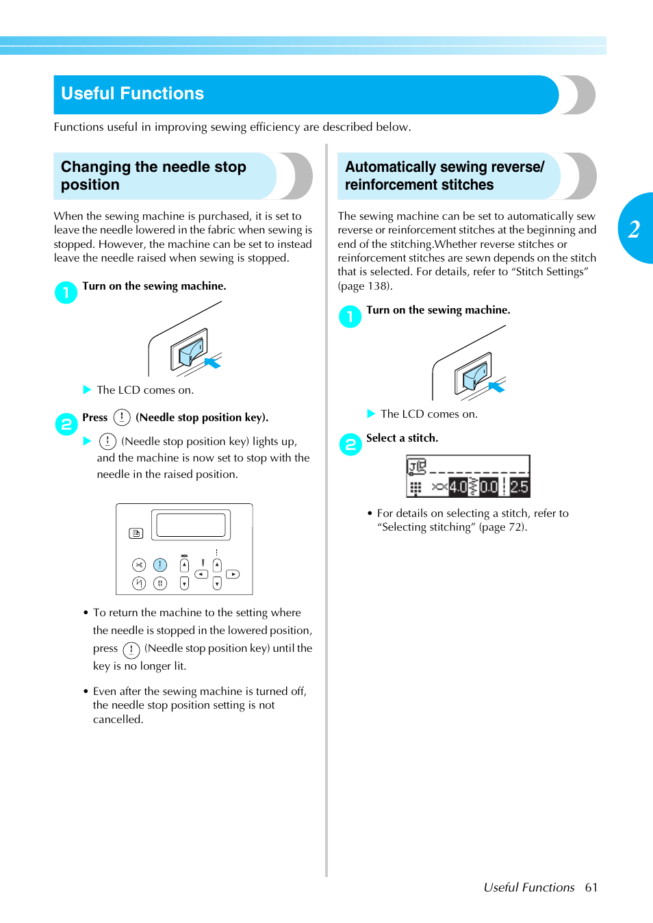 Useful functions, Changing the needle stop position | Brother PC660LA User Manual | Page 63 / 176