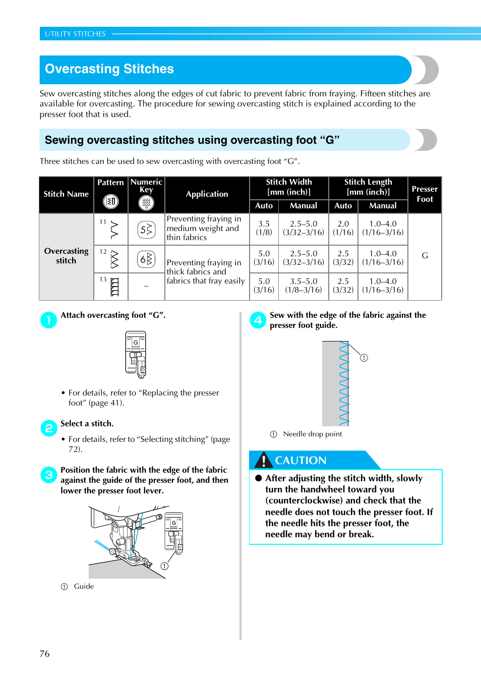 Overcasting stitches, Caution | Brother PC660LA User Manual | Page 78 / 176