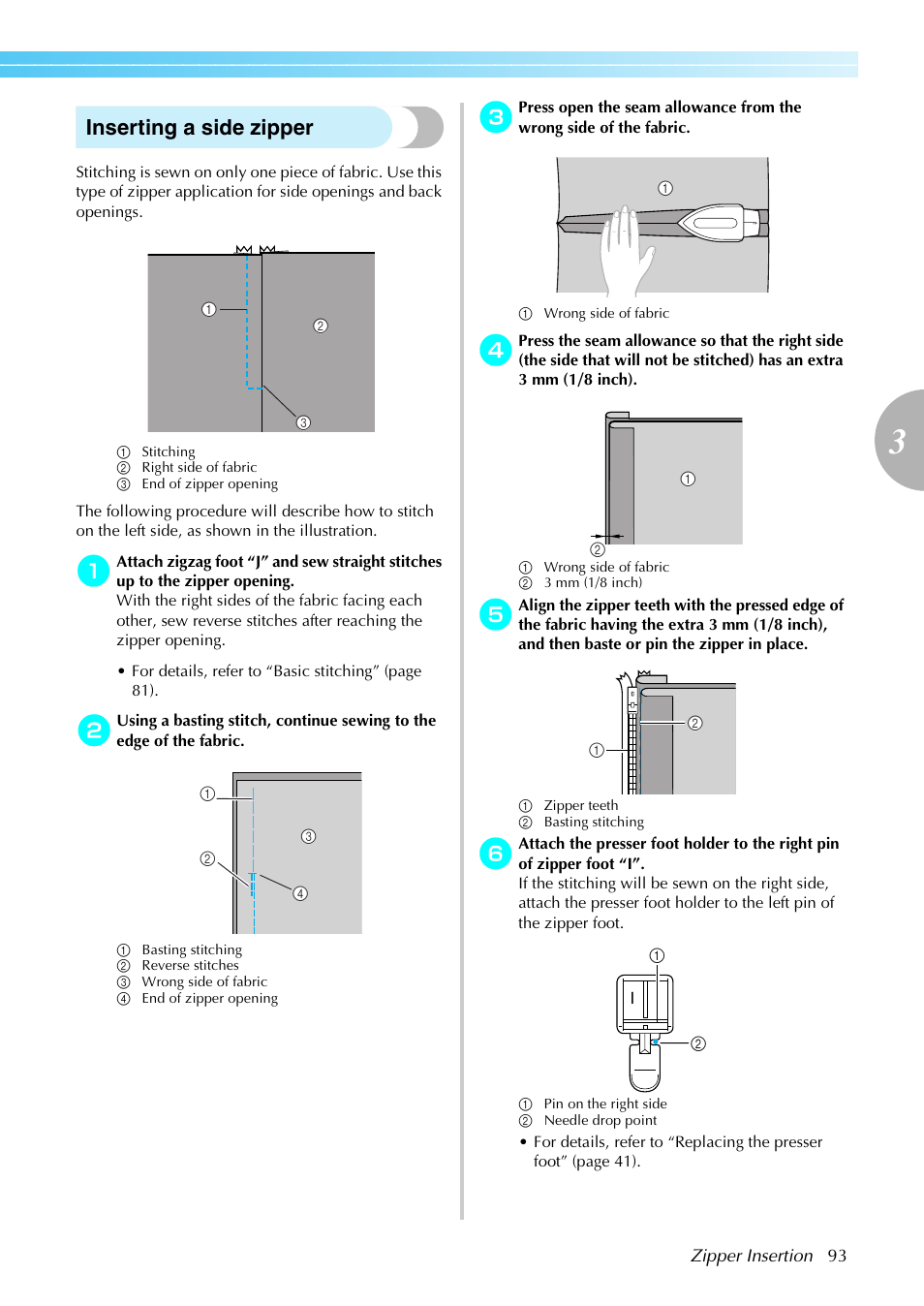 Inserting a side zipper | Brother PC660LA User Manual | Page 95 / 176