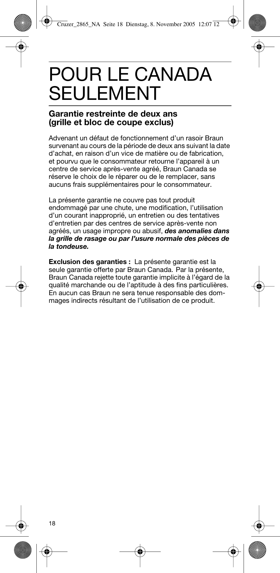 Pour le canada seulement | Braun 2865 Cruzer3 User Manual | Page 17 / 23