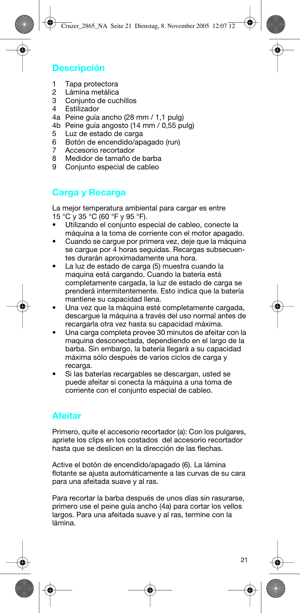 Descripción, Carga y recarga, Afeitar | Braun 2865 Cruzer3 User Manual | Page 20 / 23