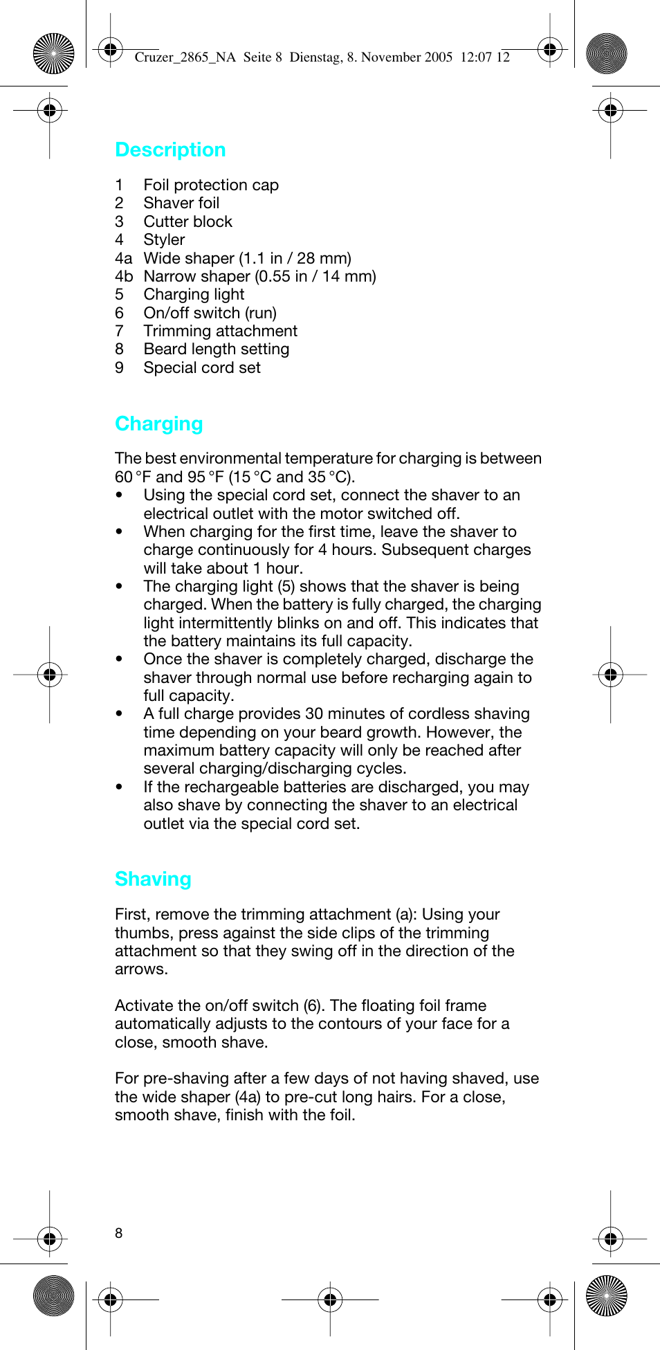Description, Charging, Shaving | Braun 2865 Cruzer3 User Manual | Page 7 / 23