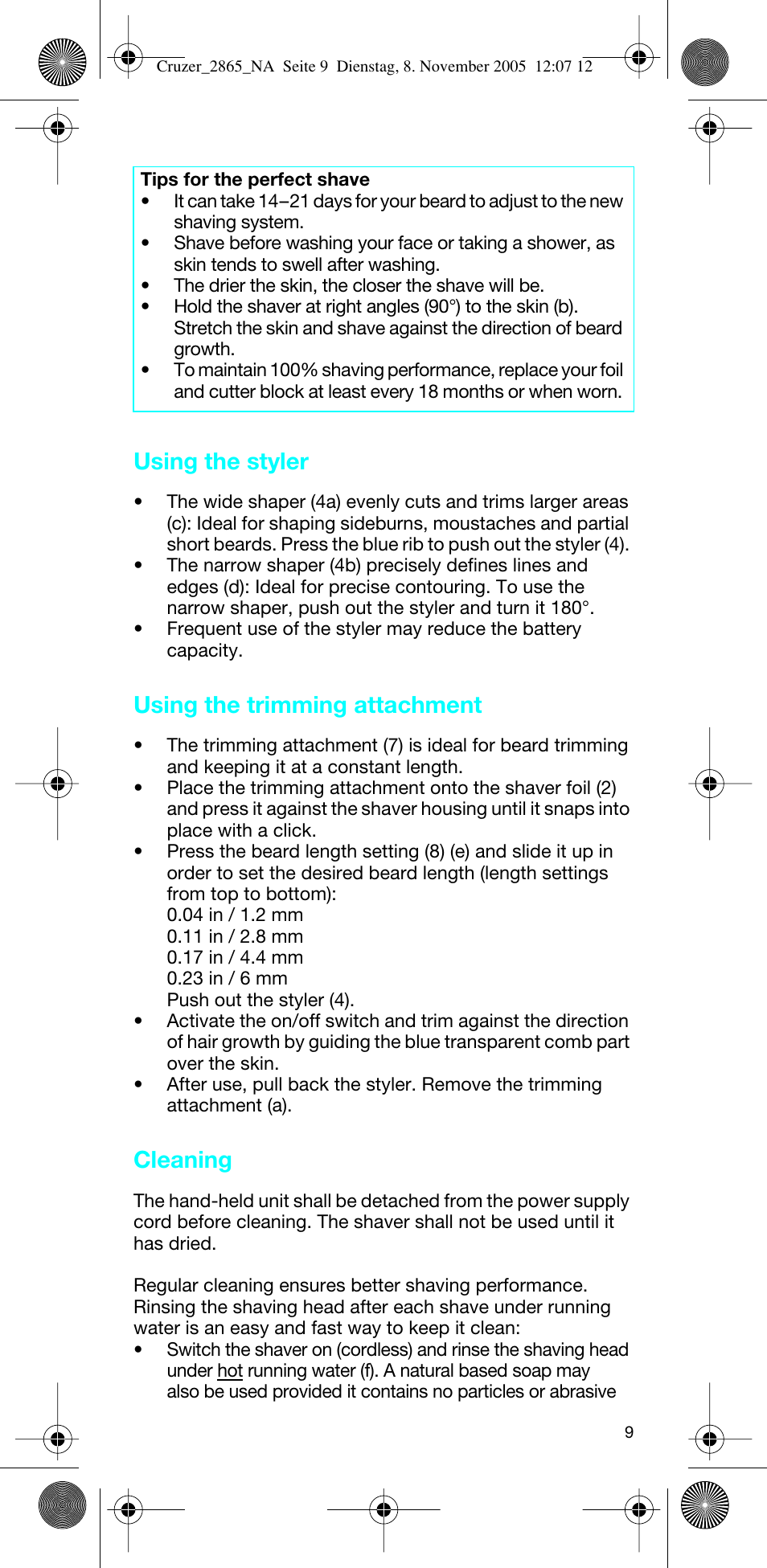 Using the styler, Using the trimming attachment, Cleaning | Braun 2865 Cruzer3 User Manual | Page 8 / 23