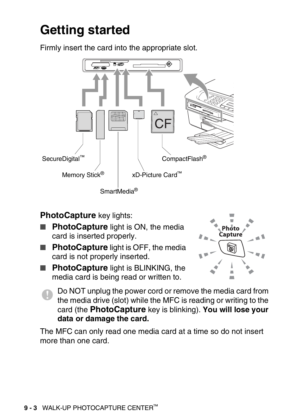 Getting started, Getting started -3, Photocapture | Brother MFC-420CN User Manual | Page 100 / 200