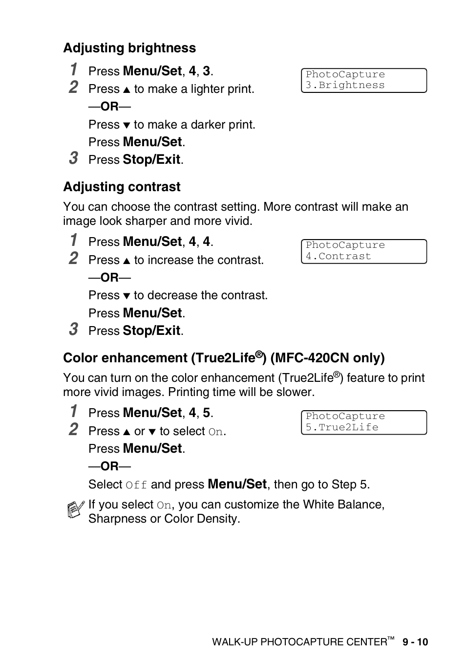 Adjusting brightness, Adjusting contrast, Color enhancement (true2life®) (mfc-420cn only) | Mfc-420cn only) -10 | Brother MFC-420CN User Manual | Page 107 / 200