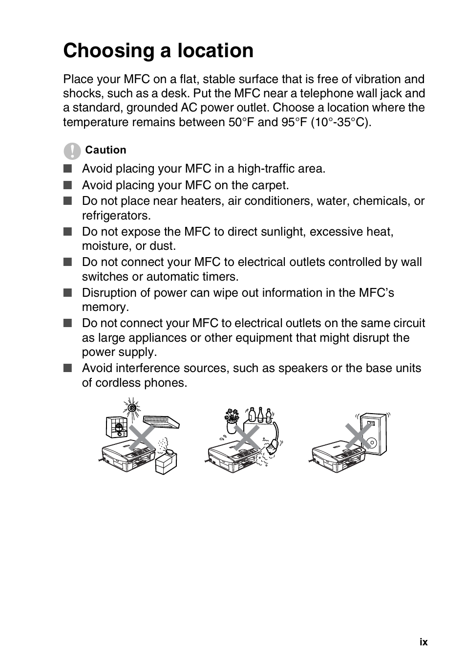 Choosing a location | Brother MFC-420CN User Manual | Page 11 / 200