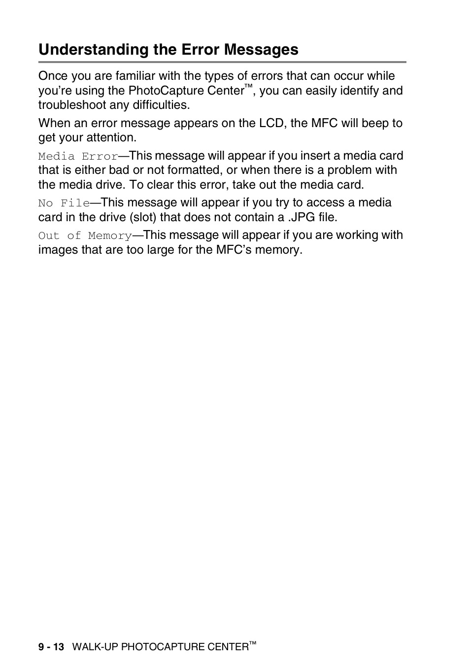 Understanding the error messages, Understanding the error messages -13 | Brother MFC-420CN User Manual | Page 110 / 200