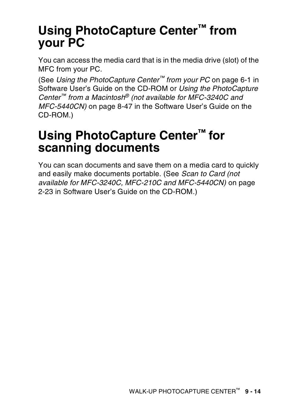 Using photocapture center™ from your pc, Using photocapture center™ for scanning documents, Using photocapture center | From your pc -14, For scanning documents -14, For scanning documents | Brother MFC-420CN User Manual | Page 111 / 200