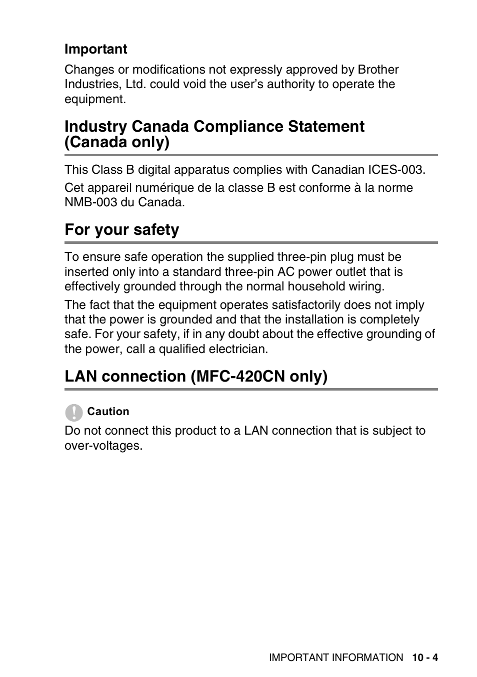 Important, Industry canada compliance statement (canada only), For your safety | Lan connection (mfc-420cn only), Important -4, Industry canada compliance statement, Canada only) -4 | Brother MFC-420CN User Manual | Page 115 / 200